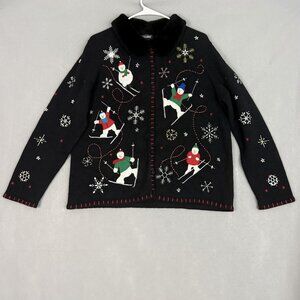 Designers Originals Studio JOY Cardigan‎ Sweater Womens Large Black Xmas Snowmen